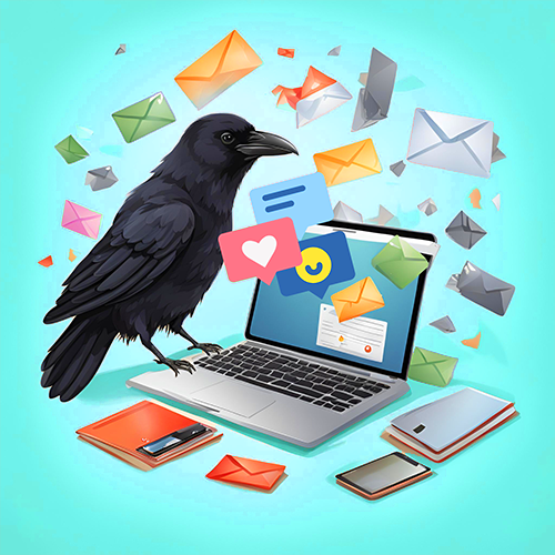 illustration of crow on a laptop creating email marketing campaigns
