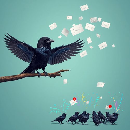illustration of crow on a laptop creating email marketing campaigns