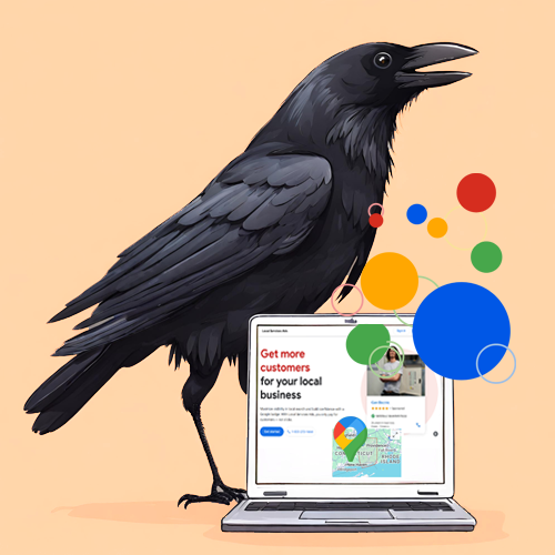 illustration of crow on a laptop working on Google Local Ads Setup & Management