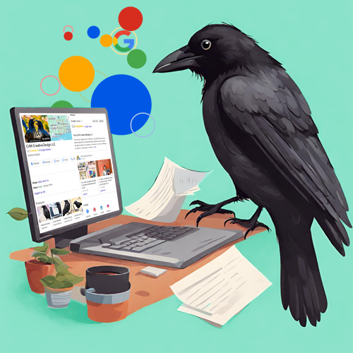 illustration of crow on a laptop working on Google Business Profile Management
