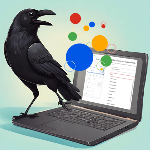 illustration of crow on a laptop working on Google Business Profile Setup